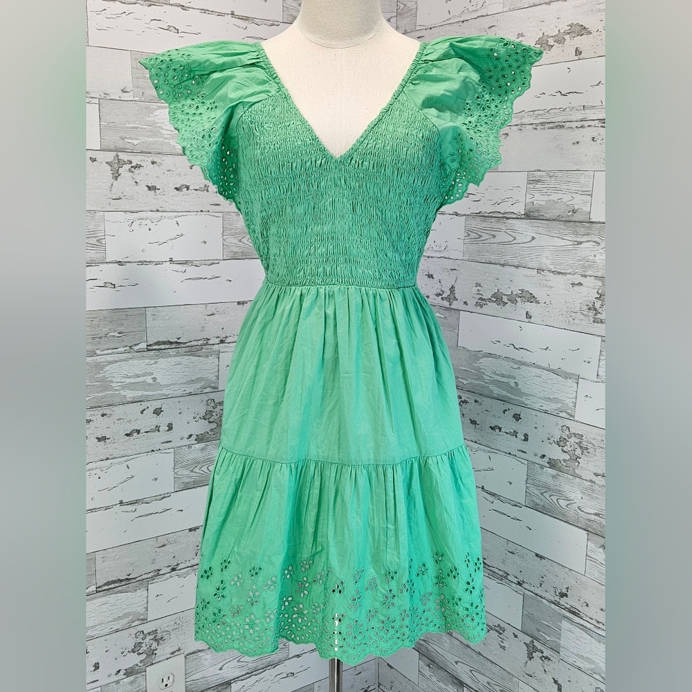 Gap Womens Flutter Sleeve Eyelet Mini Dress Small Jamaica Green Smocked